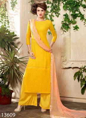 yellow georgette embroidered semi stitched salwar with dupatta 1