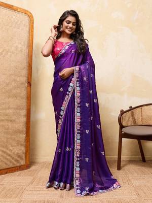Royal purple embroidered saree with multicolor floral border & rani pink blouse 1