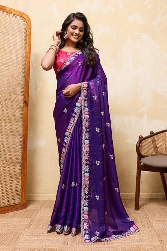 Royal purple embroidered saree with multicolor floral border & rani pink blouse