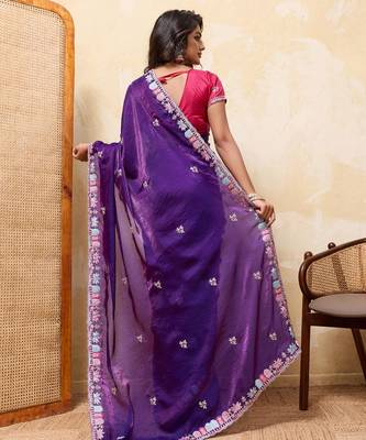 Royal purple embroidered saree with multicolor floral border & rani pink blouse 2
