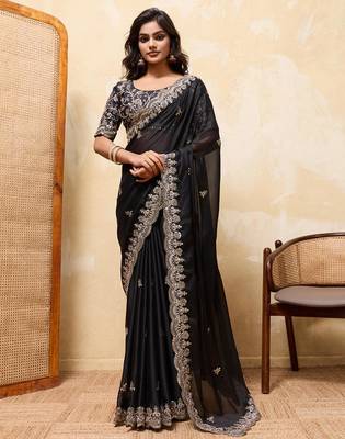 Black embroidered saree with intricate gold & silver scalloped border 1