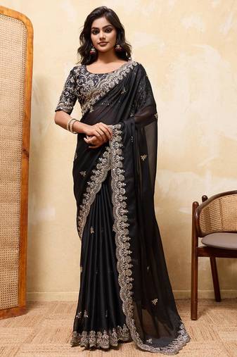 Black embroidered saree with intricate gold & silver scalloped border