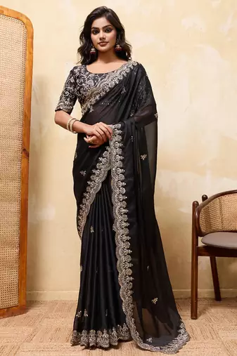 Black embroidered saree with intricate gold & silver scalloped border