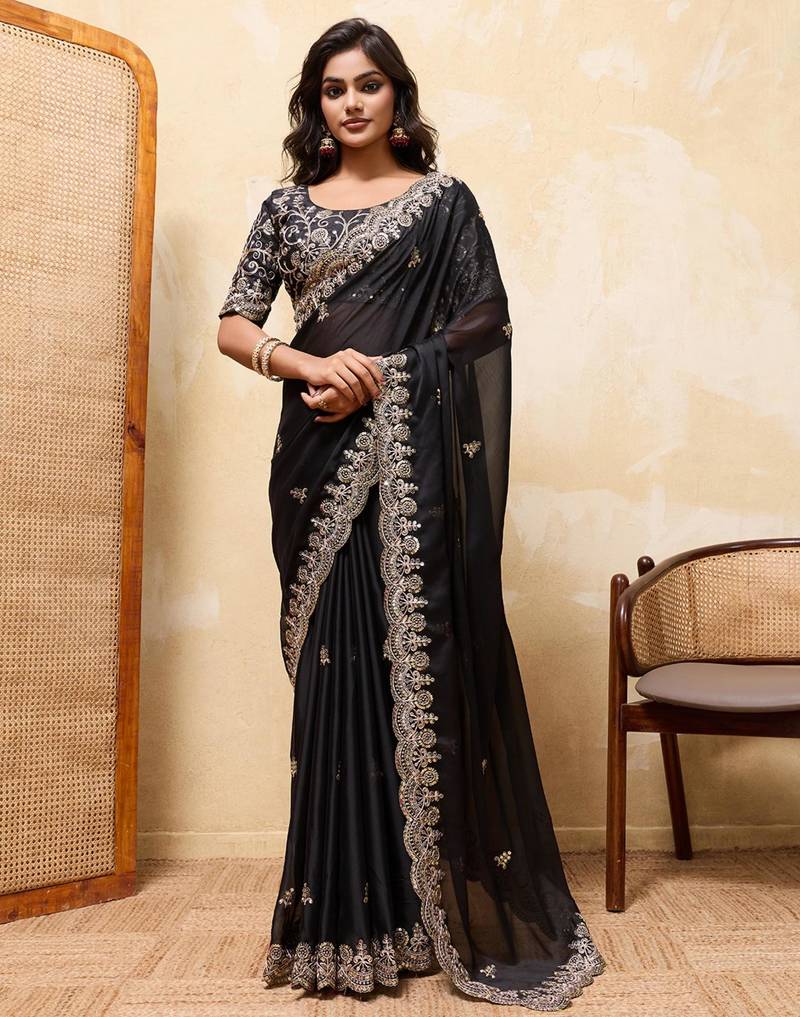 Black embroidered saree with intricate gold & silver scalloped border