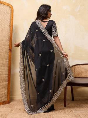 Black embroidered saree with intricate gold & silver scalloped border 2