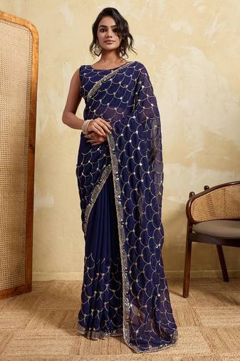 Navy blue embroidered saree with gold sequin scallop pattern & embellished border