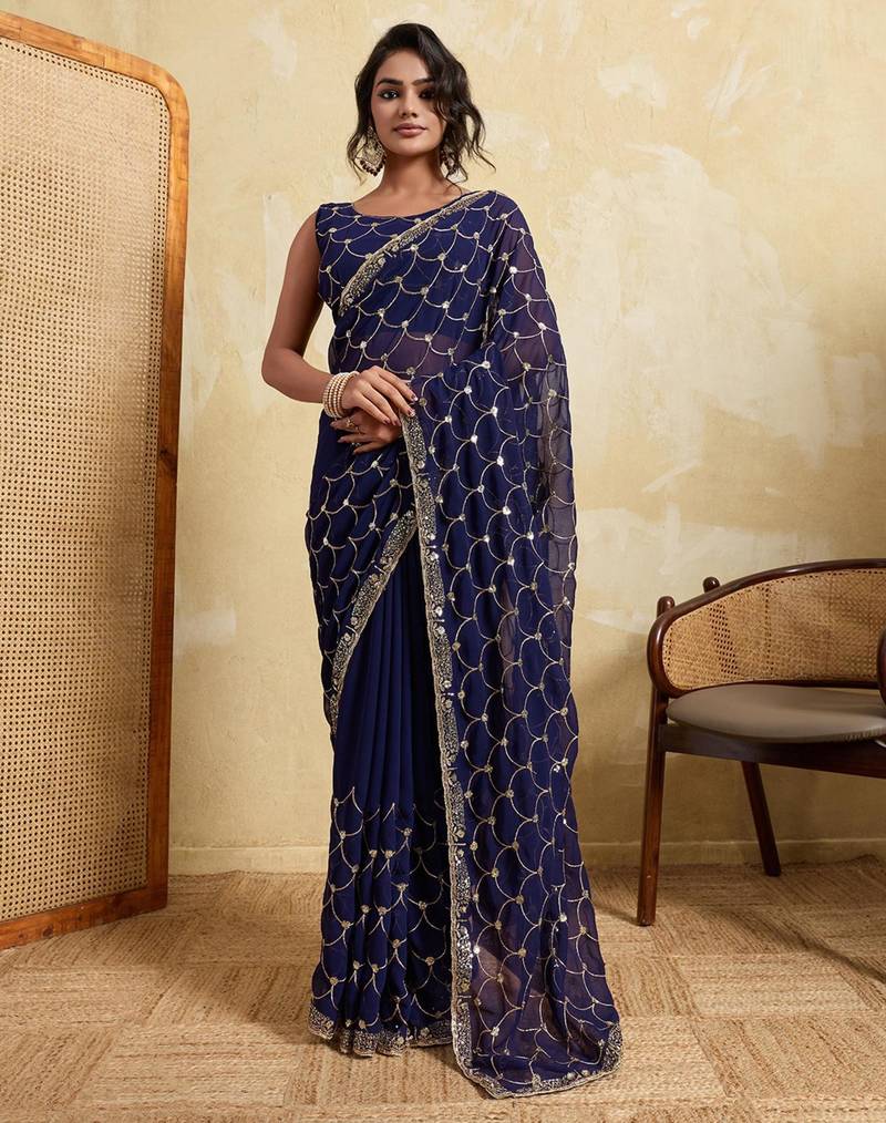 Navy blue embroidered saree with gold sequin scallop pattern & embellished border