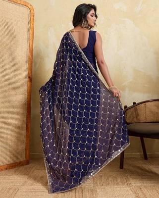 Navy blue embroidered saree with gold sequin scallop pattern & embellished border 2