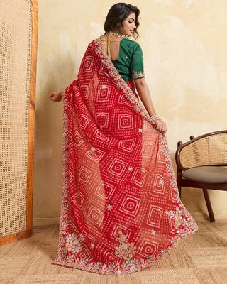 Red bandhani print saree with multicolor embroidered border & green blouse 2