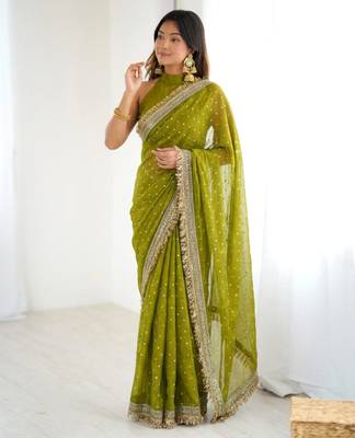 Mehendi green embellished saree with gold fringe border & matching blouse 1