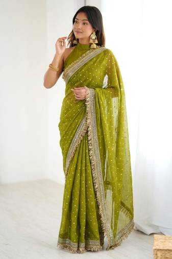 Mehendi green embellished saree with gold fringe border & matching blouse