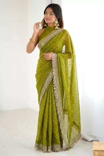 Mehendi green embellished saree with gold fringe border & matching blouse
