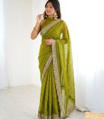 Mehendi green embellished saree with gold fringe border & matching blouse