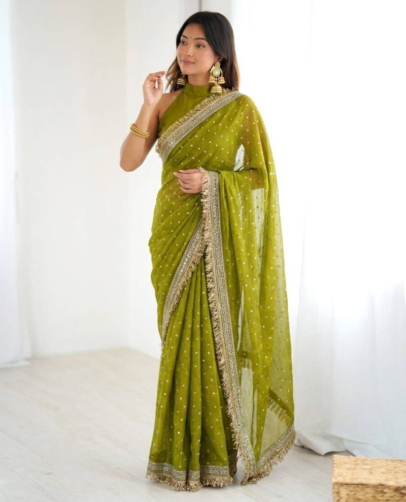Mehendi green embellished saree with gold fringe border & matching blouse