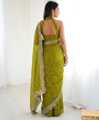 Mehendi green embellished saree with gold fringe border & matching blouse 2