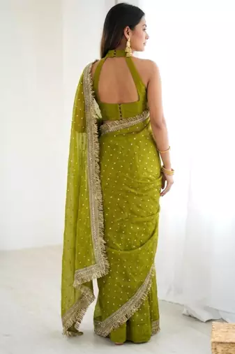 Mehendi green embellished saree with gold fringe border & matching blouse
