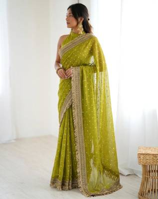 Mehendi green embellished saree with gold fringe border & matching blouse 3