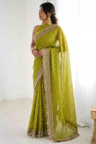 Mehendi green embellished saree with gold fringe border & matching blouse