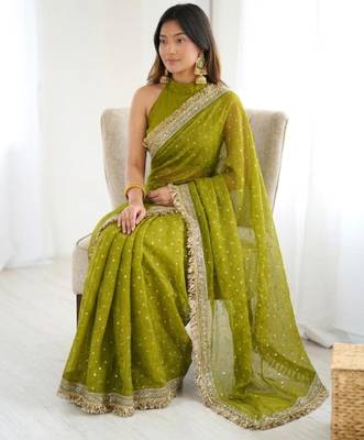 Mehendi green embellished saree with gold fringe border & matching blouse 4