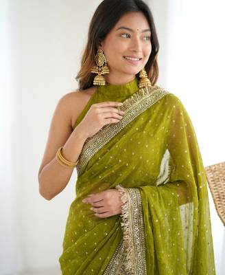 Mehendi green embellished saree with gold fringe border & matching blouse 5