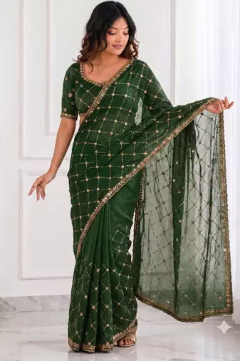 Bottle green sequin embroidered saree with diamond pattern & matching blouse