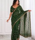 Bottle green sequin embroidered saree with diamond pattern & matching blouse