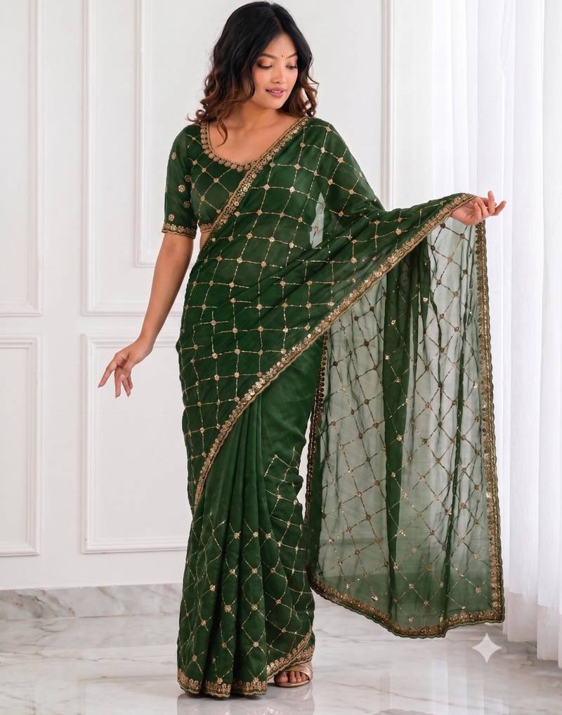Bottle green sequin embroidered saree with diamond pattern & matching blouse