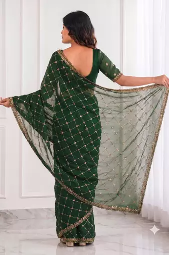 Bottle green sequin embroidered saree with diamond pattern & matching blouse
