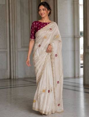Ivory white embroidered saree with multicolor motifs & magenta blouse 1