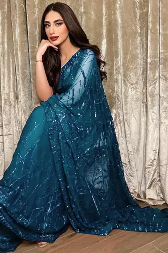 gorgette blue sequence work saree