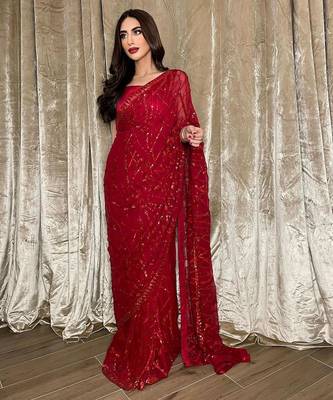 gorgette red sequence work saree 1