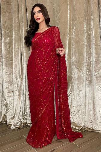 gorgette red sequence work saree