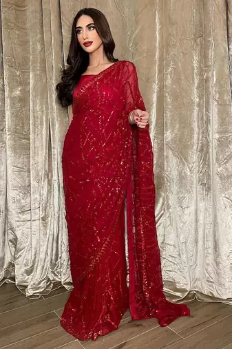 gorgette red sequence work saree