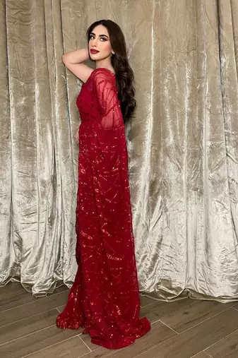 gorgette red sequence work saree