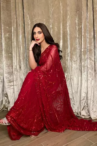 gorgette red sequence work saree