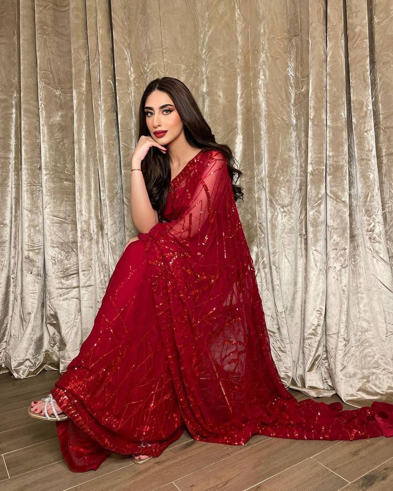 gorgette red sequence work saree