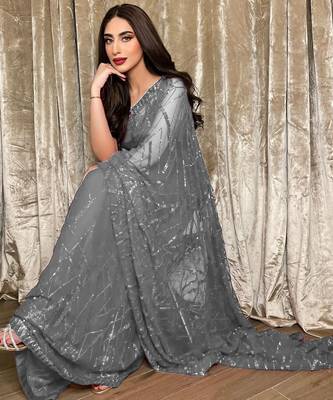 gorgette grey sequence work saree 2