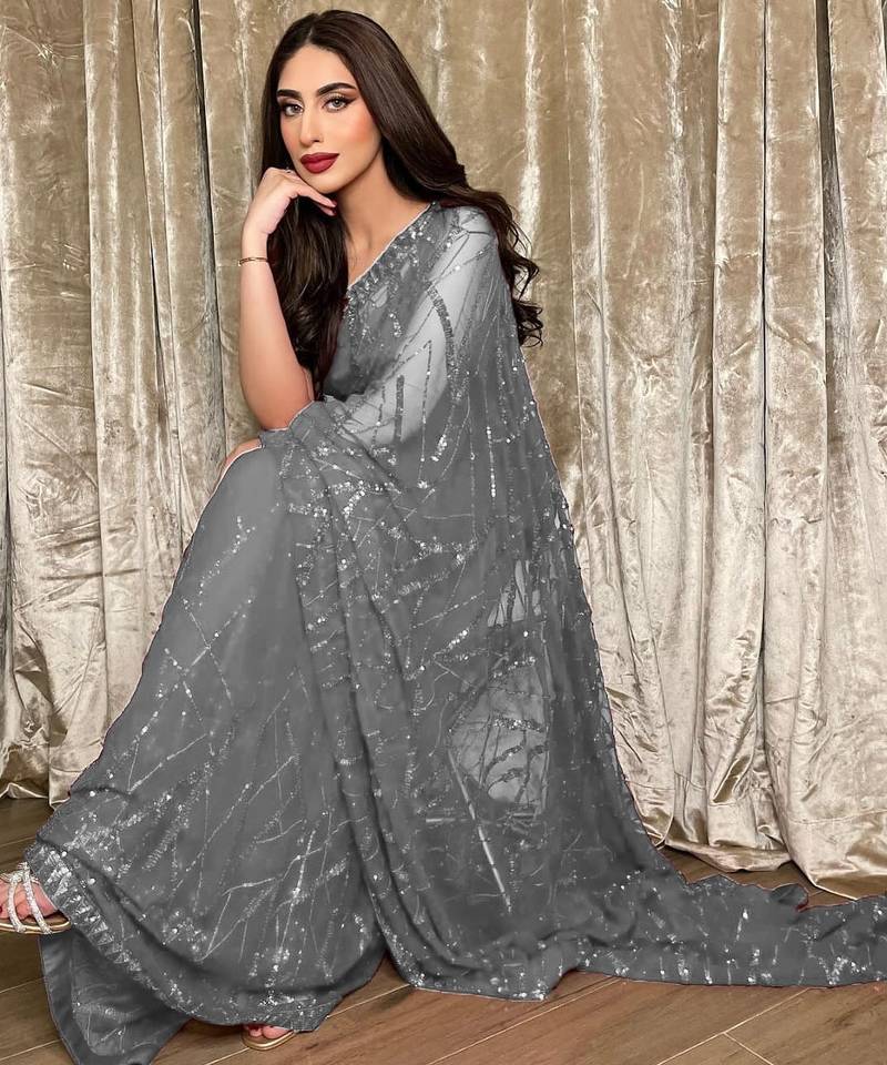 gorgette grey sequence work saree