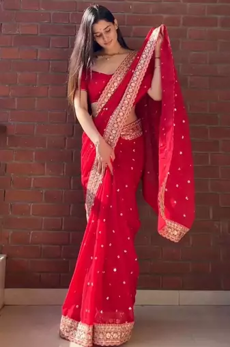 silk blend red sequence work saree