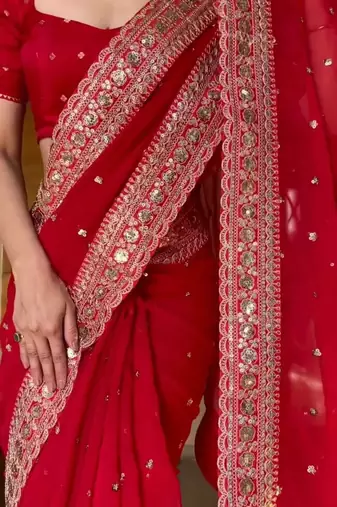 silk blend red sequence work saree