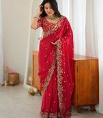 silk blend red sequence work saree