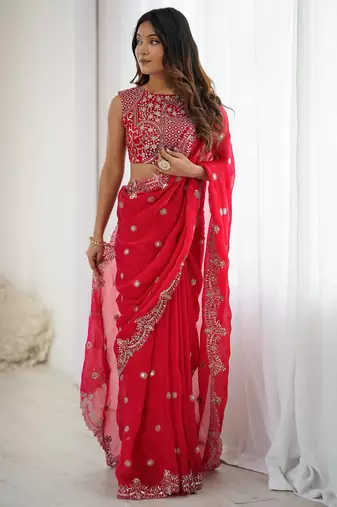 chiffon red sequence work saree