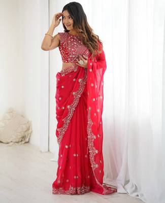 chiffon red sequence work saree 4