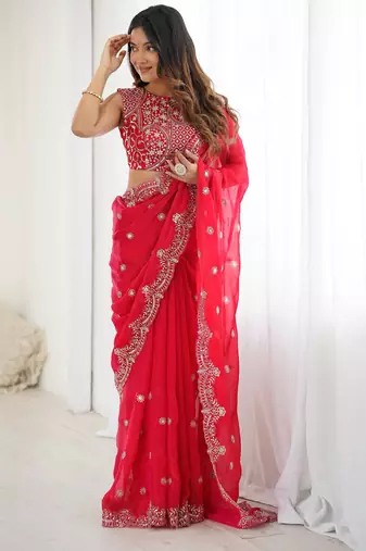 chiffon red sequence work saree