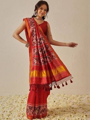 Festive Wear Gala Concept Red Patola Saree with Pallu & Tassels 1