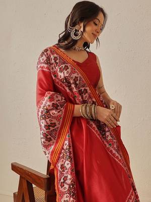 Festive Wear Gala Concept Red Patola Saree with Pallu & Tassels 3