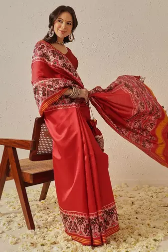 Festive Wear Gala Concept Red Patola Saree with Pallu & Tassels