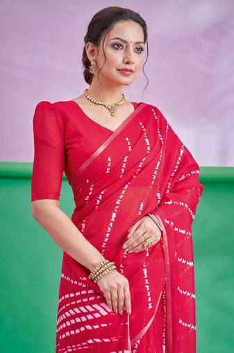 Red Leheriya Printed Cotton Linen Saree With Unstitched Blouse