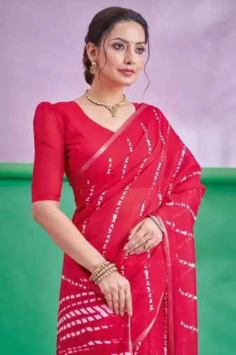 Red Leheriya Printed Cotton Linen Saree With Unstitched Blouse