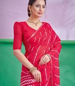 Red Leheriya Printed Cotton Linen Saree With Unstitched Blouse